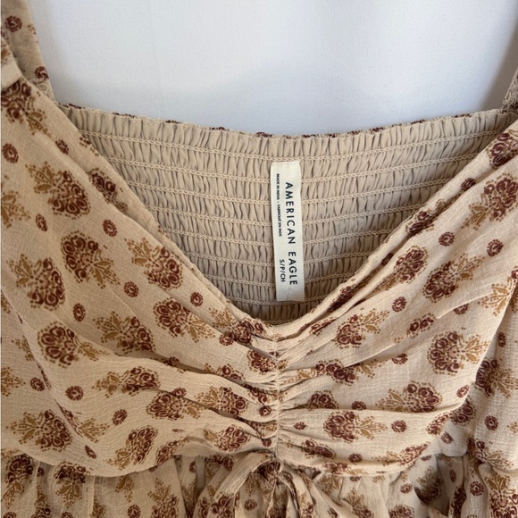 NWT American Eagle Cream Block Print Bell Sleeve Dress Tie Front Smocked Small - Picture 5 of 10